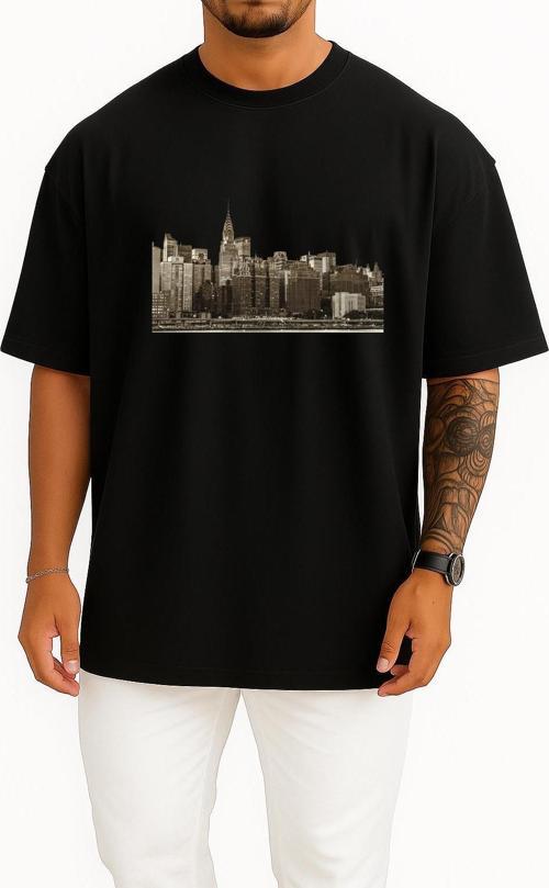 Oversize New York City İllüstrasyon Göğüs Tasarımlı Unisex T-Shirt