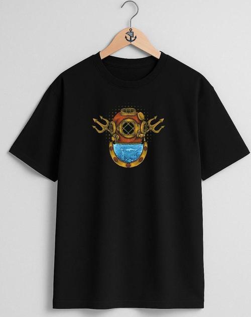 Oversize Antique Diving Dalgıç Helmet Göğüs Tasarımlı Unisex T-Shirt