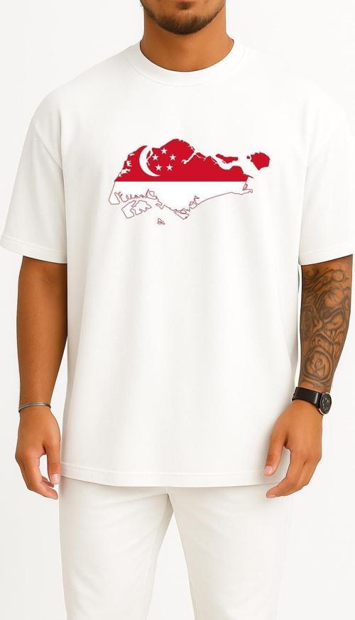 Oversize Singapur Haritası Göğüs Tasarımlı Unisex T-Shirt