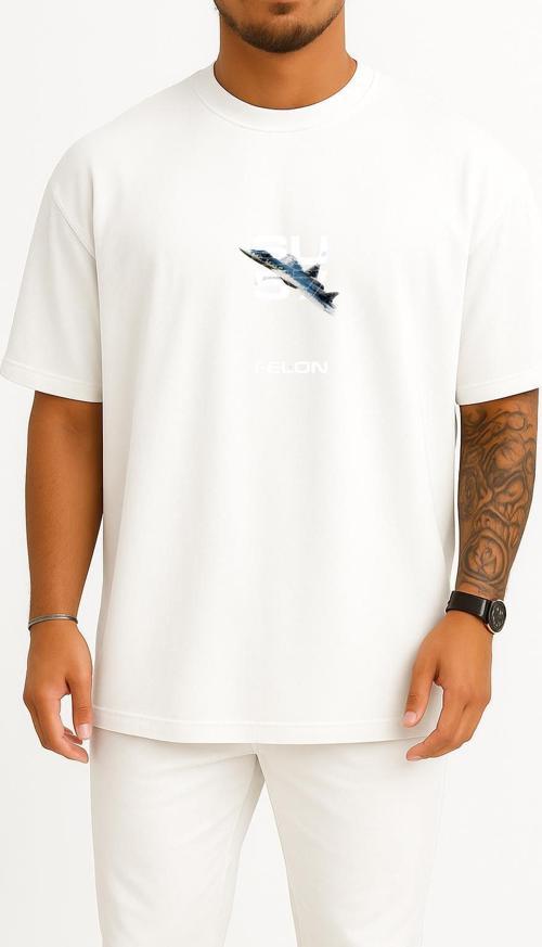 Oversize Sukhoi-Su57 Savaş Uçağı Göğüs Tasarımlı Unisex T-Shirt