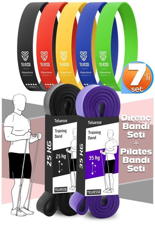 7li MEGA SET 25+35 KG + 5Li Pilates Direnç Bandı Barfiks Lastiği Loop Band Mix Ton