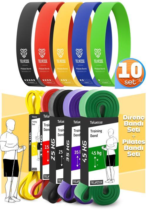 10lu TERA SET 5+15+25+35+45 KG + 5Li Pilates Direnç Bandı Barfiks Lastiği Loop Band Mix Ton