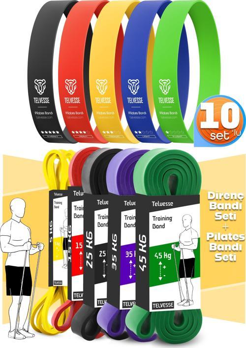 10lu TERA SET 5+15+25+35+45 KG + 5Li Pilates Direnç Bandı Barfiks Lastiği Loop Band Mix Ton