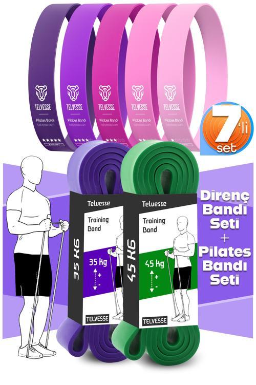 7li MEGA SET 35+45 KG + 5Li Pilates Direnç Bandı Barfiks Lastiği Loop Band Pembe Ton