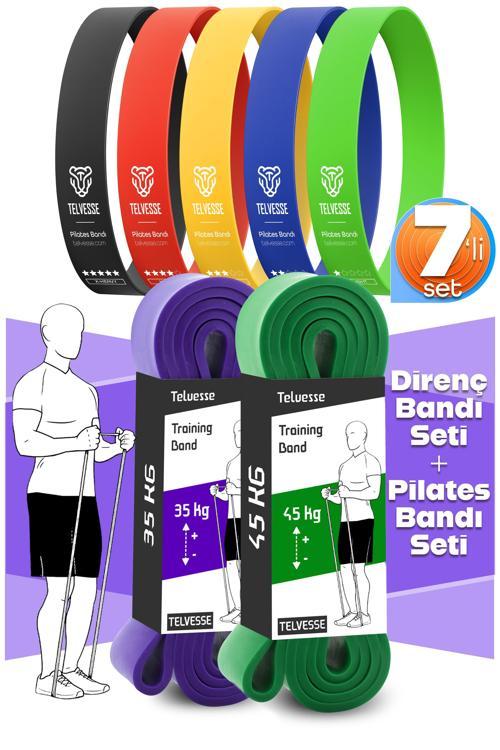 7li MEGA SET 35+45 KG + 5Li Pilates Direnç Bandı Barfiks Lastiği Loop Band Mix Ton