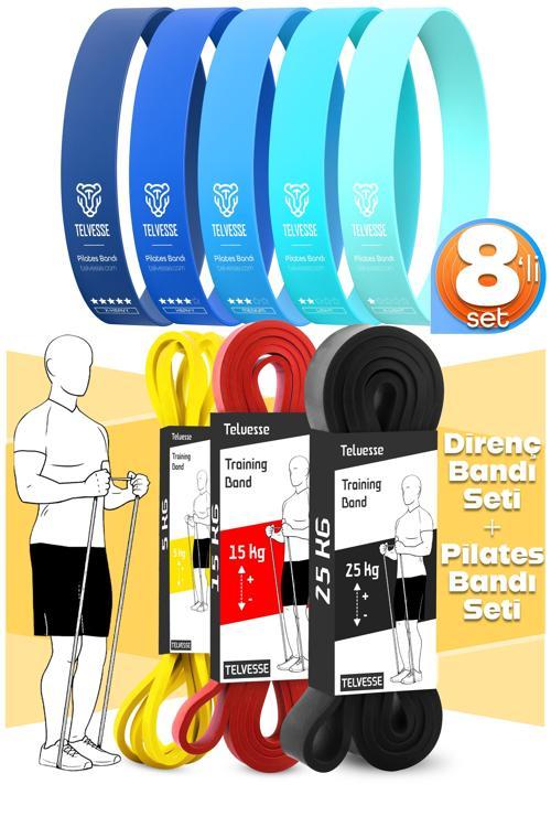 8li GİGA SET 5+15+25 KG + 5Li Pilates Direnç Bandı Barfiks Lastiği Loop Band Mavi Ton