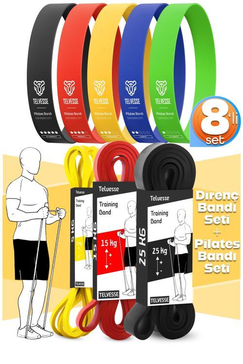 8li GİGA SET 5+15+25 KG + 5Li Pilates Direnç Bandı Barfiks Lastiği Loop Band Mix Ton