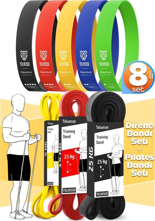 8li GİGA SET 5+15+25 KG + 5Li Pilates Direnç Bandı Barfiks Lastiği Loop Band Mix Ton