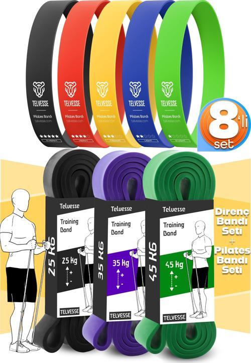 8li GİGA SET 25+35+45 KG + 5Li Pilates Direnç Bandı Barfiks Lastiği Loop Band Mix Ton