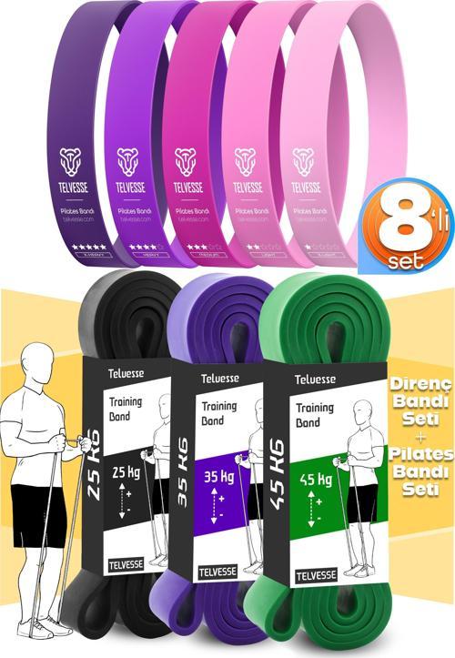 8li GİGA SET 25+35+45 KG + 5Li Pilates Direnç Bandı Barfiks Lastiği Loop Band Pembe Ton