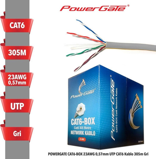 TEKNOTEG - RSR - Powergate Cat6-box-gy, 23awg 0,57mm, Utp, Cat6 Kablo, 305m, Gri
