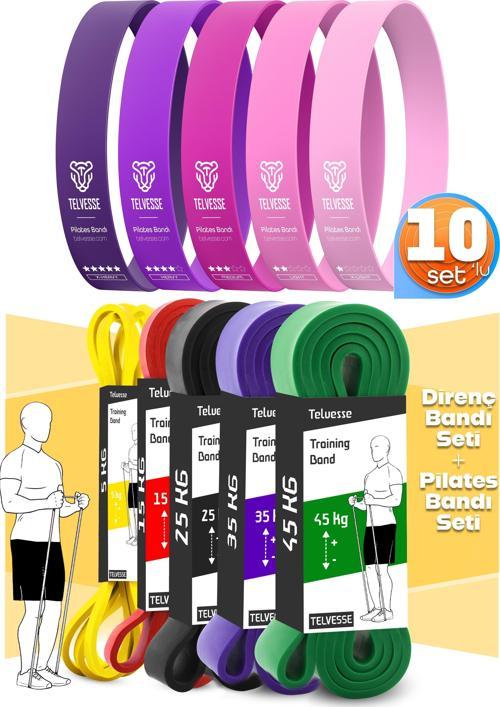10lu TERA SET 5+15+25+35+45 KG + 5Li Pilates Direnç Bandı Barfiks Lastiği Loop Band Pembe Ton