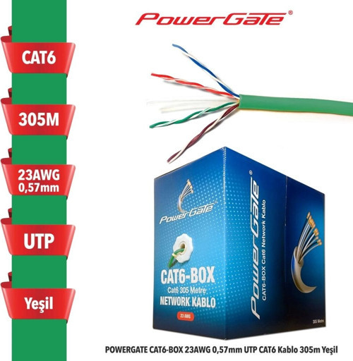 TEKNOTEG - RSR - Powergate Cat6-box-gn, 23awg 0,57mm, Utp, Cat6 Kablo, 305m, Yeşil