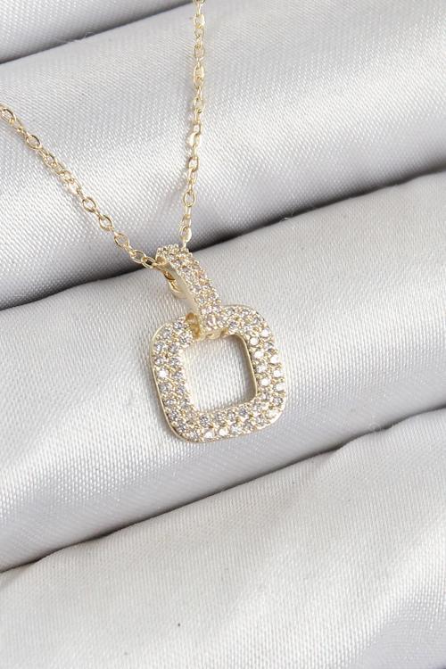 Pirinç Zirkon Taşlı Kare Model Gold Renk Kadın Kolye - EBJ250802W37061