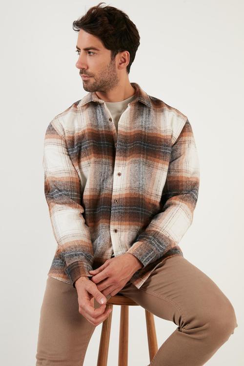 Regular Fit Ekose Desenli Pamuklu Oduncu Erkek Gömlek 5896602 KAHVE