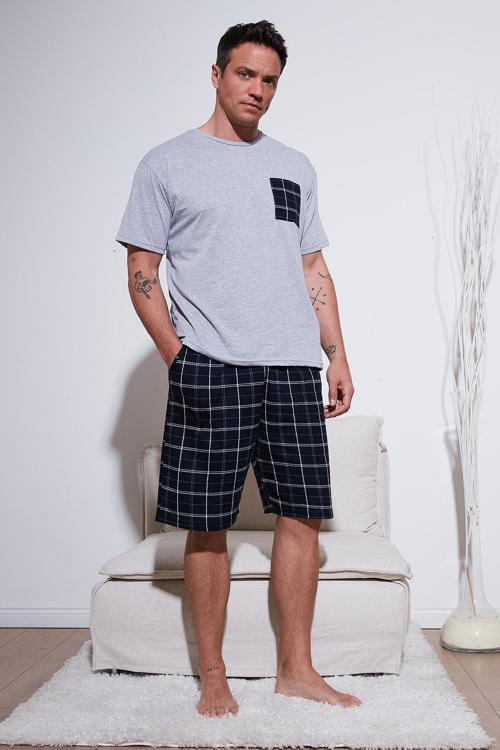 Kareli Regular Fit Pamuklu Bisiklet Yaka Kısa Kollu Şortlu Erkek Pijama Takımı 6572020 GRİ MELANJ