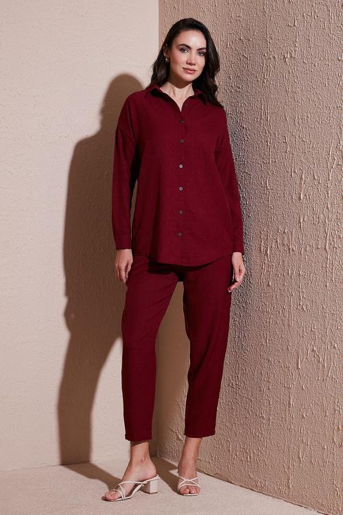 Keten Karışımlı Regular Fit Lastikli Bel Uzun Kollu Alt Üst Bayan Takım 6696622 BORDO
