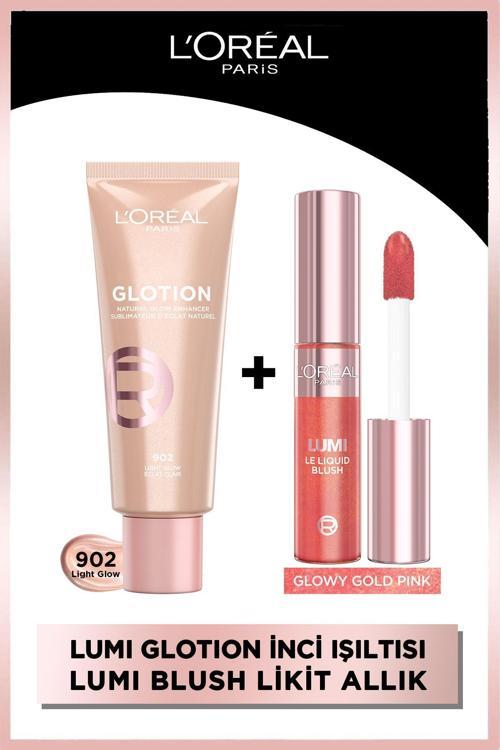 Glotion 902 Light Glow Highlighter, Likit Aydınlatıcı + Lumi Blush Likit Allık - Glowy Gold Pink