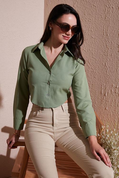 Pamuk Karışımlı Slim Fit Uzun Kollu Crop Bayan Gömlek 6777336 HAKİ