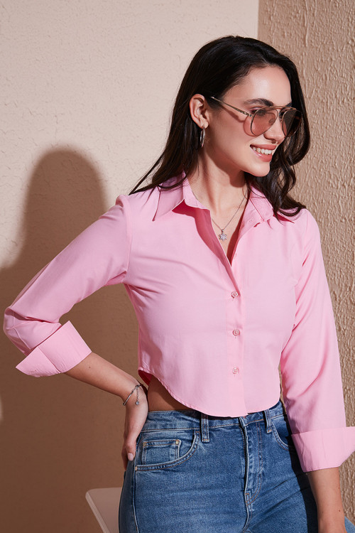 Pamuk Karışımlı Slim Fit Uzun Kollu Crop Bayan Gömlek 6777336 Şeker Pembe