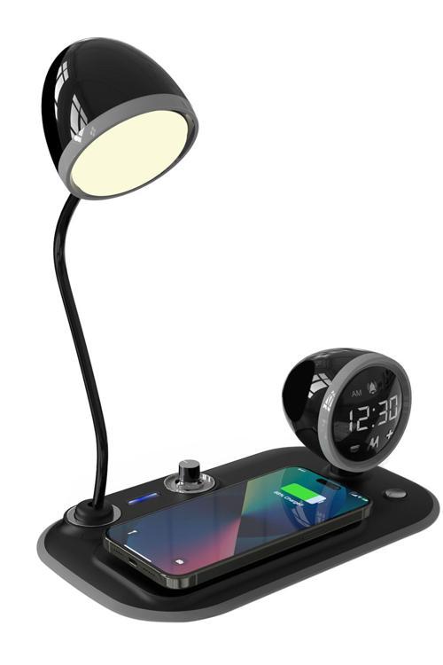 Telefon Uyumlu Hİzlİ Şarj 15W Ayarlanabilir Led İşİklİ Lcd Ekran Double Alarmlİ Masa Lambasİ Sl-Cw21
