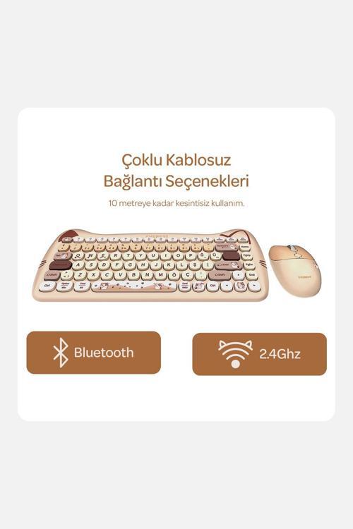 Km-6285 Catty Mini  Wireless-Bluetooth Kablosuz Ultra Sessiz Özel Tasarımlı Q Klavye Mouse Set Bej