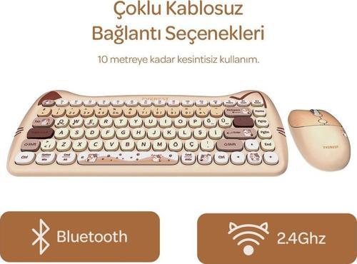 Km-6285 Catty Mini  Wireless-Bluetooth Kablosuz Ultra Sessiz Özel Tasarımlı Q Klavye Mouse Set Bej