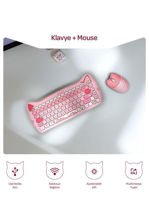Km-6285 Catty Mini Wireless-Bluetooth Kablosuz Ultra Sessiz Özel Tasarımlı Q Klavye Mouse Set Pembe