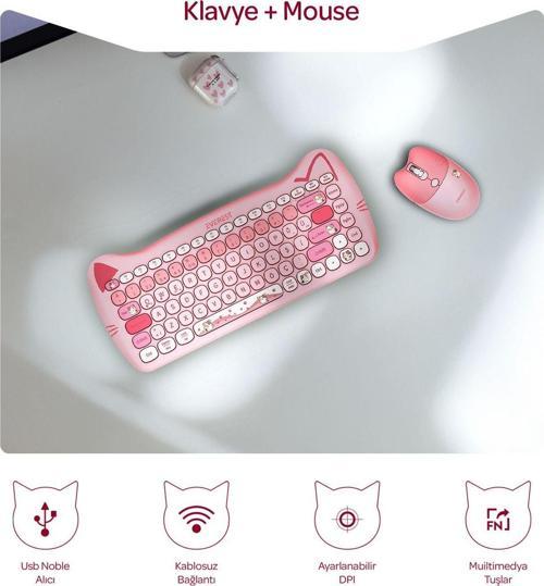 Km-6285 Catty Mini Wireless-Bluetooth Kablosuz Ultra Sessiz Özel Tasarımlı Q Klavye Mouse Set Pembe