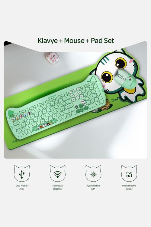 Catty Renkli Tuşlu 2.4 Ghz + Bt Kablosuz Q Multimedia Klavye + Mouse + Pad Set