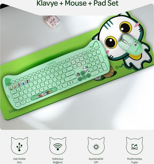 Catty Renkli Tuşlu 2.4 Ghz + Bt Kablosuz Q Multimedia Klavye + Mouse + Pad Set
