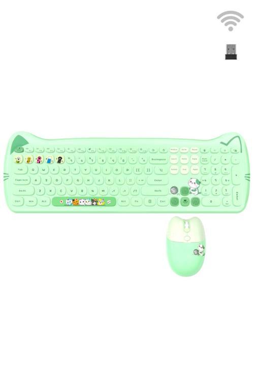Kitty Plus Kablosuz Sessiz Klavye Mouse Seti Yeşil Smk-672