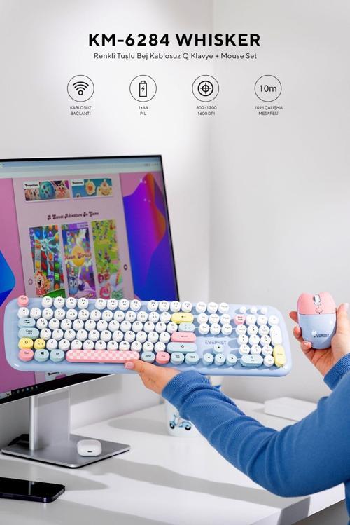 Km-6284 Whısker Renkli Tuşlu Mavi Kablosuz Q Klavye + Mouse Set