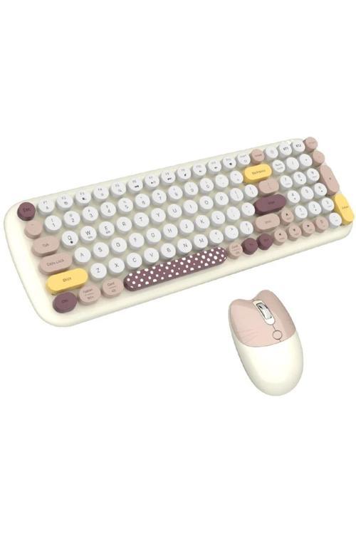 Kablosuz Klavye Ve Mouse Set 100 Tuşlu Retro Ve Şİk Daktilo Renkli Tuş Tarzİ İngilizce Q Klayve