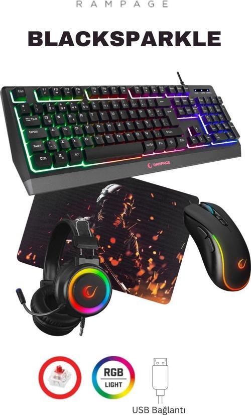 Blacksparkle Gaming Combo Oyuncu Klavye Mouse Kulaklık Mousepad Set (Rampage Türkiye Garantili)