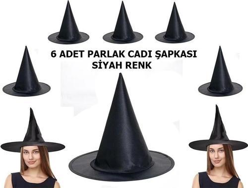Halloween Siyah Renk Parlak Dralon Cadı Şapkası Yetişkin Ve Çocuk Uyumlu 6 Adet