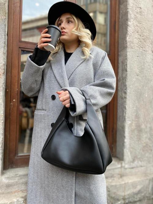 Kadın Siyah Suni Deri Fermuarlı Iç Bölmeli El Ve Omuz Çantası