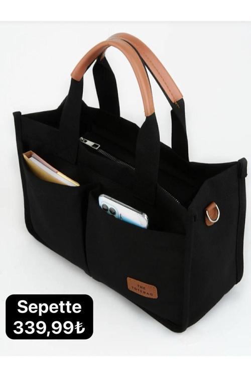 Kadın Kanvas Cepli Siyah Tote Bag Omuz Çantası