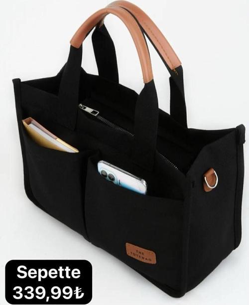 Kadın Kanvas Cepli Siyah Tote Bag Omuz Çantası