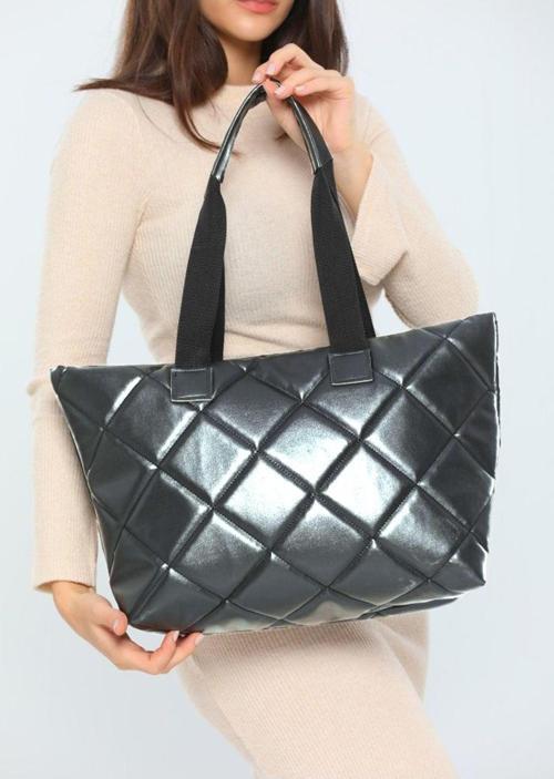 Omuz Çantası Gümüş Gri Kapitone Baklava Desenli Büyük Boy El Ve Omuz Çantası 45X25X10 Cm