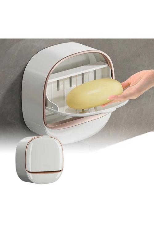 Kapaklı Oval Sabunluk Yapışkanlı Duvara Monte Banyo Mutfak Süngerlik Su Tutmaz Sabun Kutusu