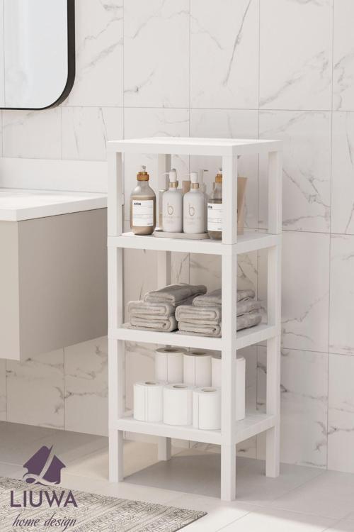 Vesken Ombeg 4 Katlı Ahşap Görünümlü Plastik Raf Ünitesi Banyo Mutfak Rafı Salon Organizeri(BEYAZ)