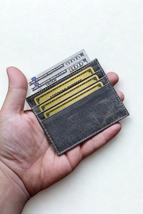 Gri Hakiki Crazy Deri Unisex Kredi Kartlık Ultra ince Minimal Tasarım İpeksi Doku