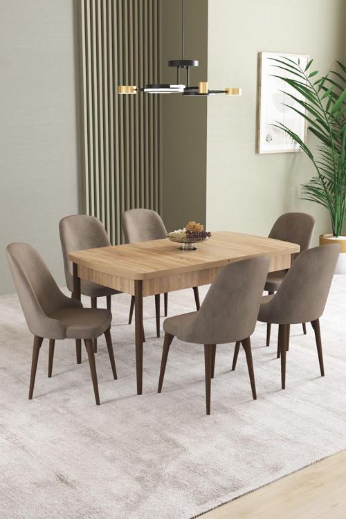 Ikon Meşe Desen 80x132 Açılabilir Mdf Masa Yemek Odası Takımı, Mutfak Takımı 6 Adet Sandalye