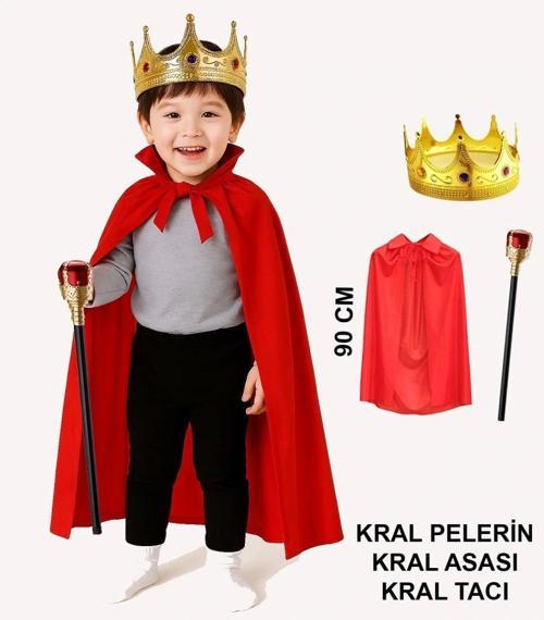 Nessiworld Çocuk Kral Kostüm Seti – Kırmızı Pelerin, Taç ve Asa (90 cm)