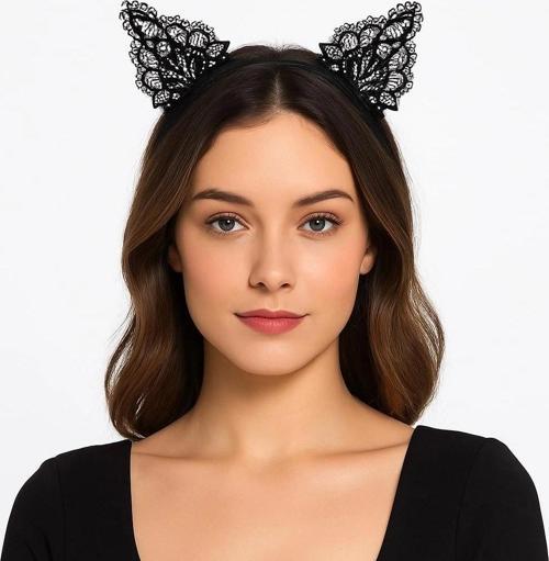 Nessiworld Siyah Kedi Dantel Taç + Eldiven Seti – Parti, Dans ve Kostüm Kombini