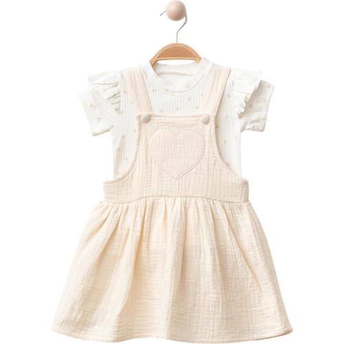 Kalp Nakışlı Tshirt Muslin Elbise Bej