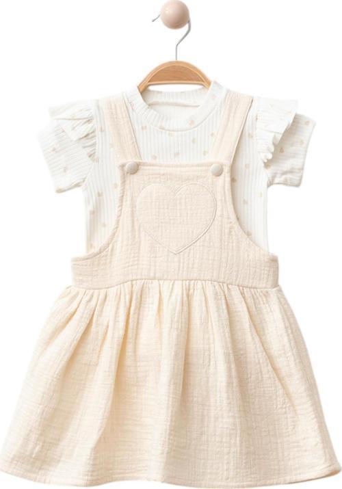 Kalp Nakışlı Tshirt Muslin Elbise Bej