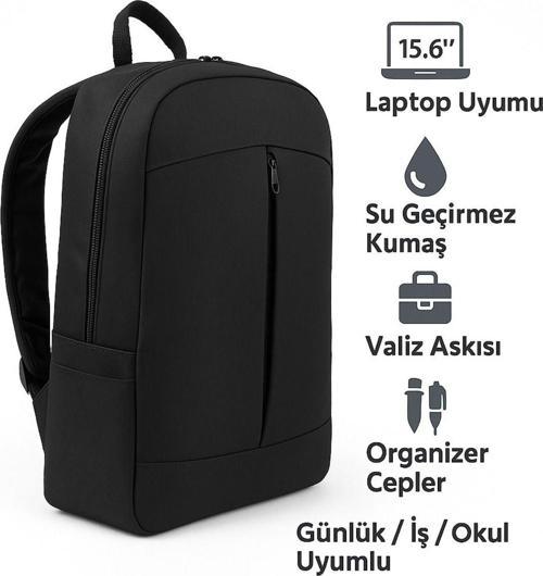 15.6" Notebook Bilgisayar Laptop Sırt Çantası Su Geçirmez Kumaş Ve Fermuarlı Siyah