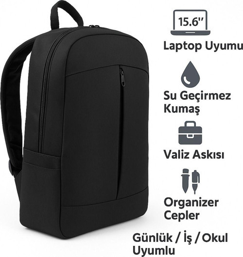 15.6" Notebook Bilgisayar Laptop Sırt Çantası Su Geçirmez Kumaş Ve Fermuarlı Siyah